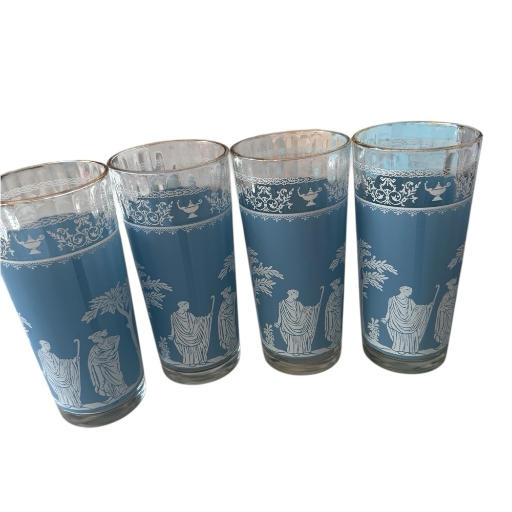 Jeannette Blue Hellenic Grecian Glass 6 1/2 inches Grecian Style Figures 1960’s